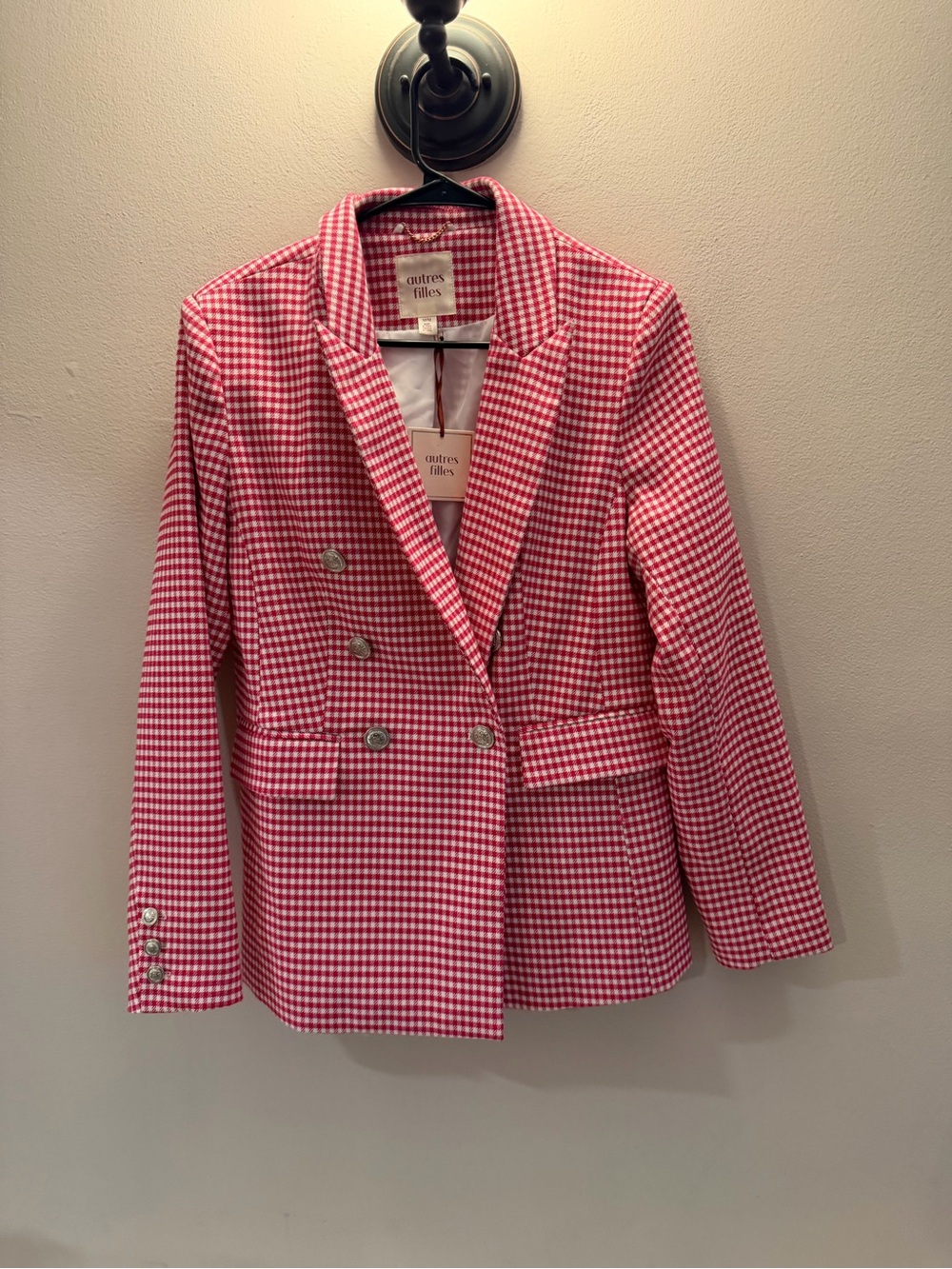 Autres Filles Red White Gingham Double Breasted Blazer Crest Button Jacket M NEW